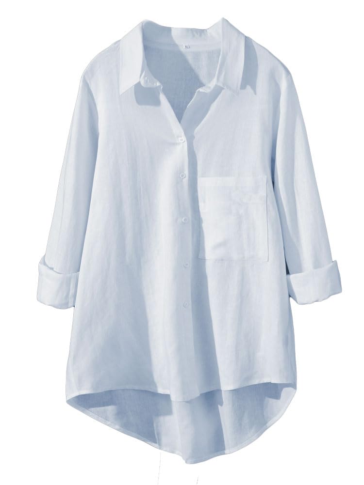 Minibee Women's Casual Cotton Linen Blouse Plus Size High Low Shirt Long Sleeve Tops Light Blue - Image 1